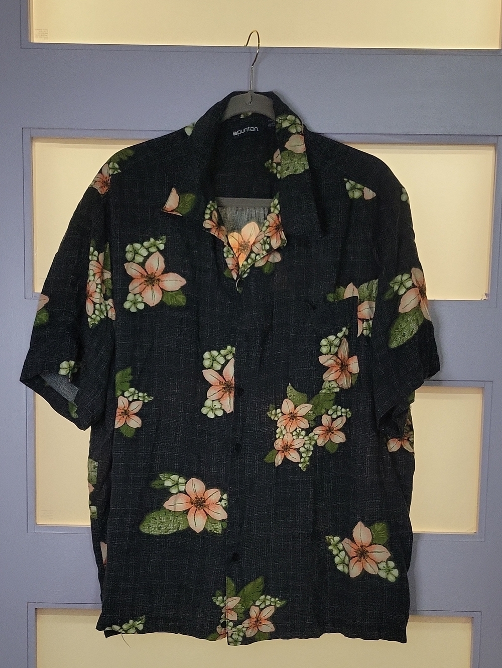 Puritan Blue Short-Sleeve Button-Down Shirt with Peach Floral Print